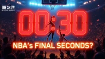 Two basketball players jump near the hoop as a large red timer shows 00:30. The text "HATE NBA BASKETBALL’S FINAL SECONDS?" is displayed boldly below. The arena is brightly lit, with cheering fans and spotlights in the background.