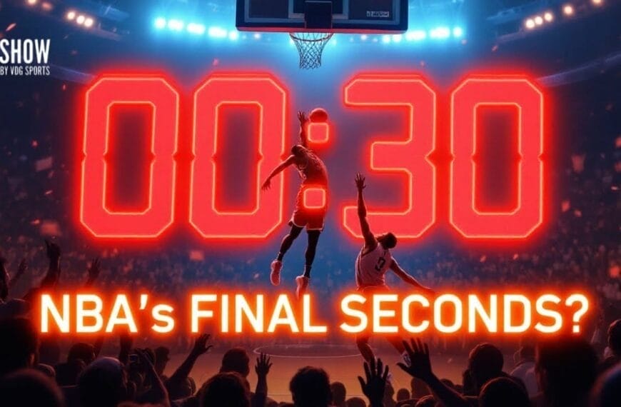 Two basketball players jump near the hoop as a large red timer shows 00:30. The text "HATE NBA BASKETBALL’S FINAL SECONDS?" is displayed boldly below. The arena is brightly lit, with cheering fans and spotlights in the background.