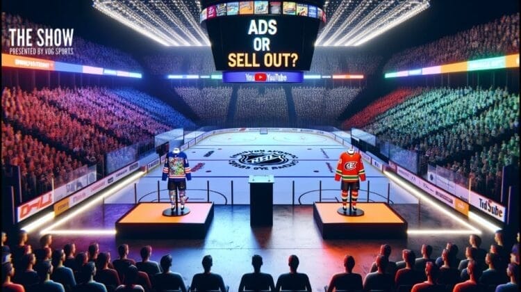 A brightly lit hockey arena is filled with a cheering crowd. Two hockey players in different team jerseys stand on platforms facing each other. A podium and large screen between them reads “ADS OR SELL OUT?” with YouTube and NHL logos. The atmosphere is dramatic and lively.