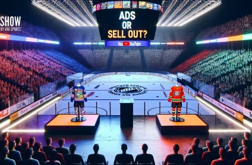 A brightly lit hockey arena is filled with a cheering crowd. Two hockey players in different team jerseys stand on platforms facing each other. A podium and large screen between them reads “ADS OR SELL OUT?” with YouTube and NHL logos. The atmosphere is dramatic and lively.