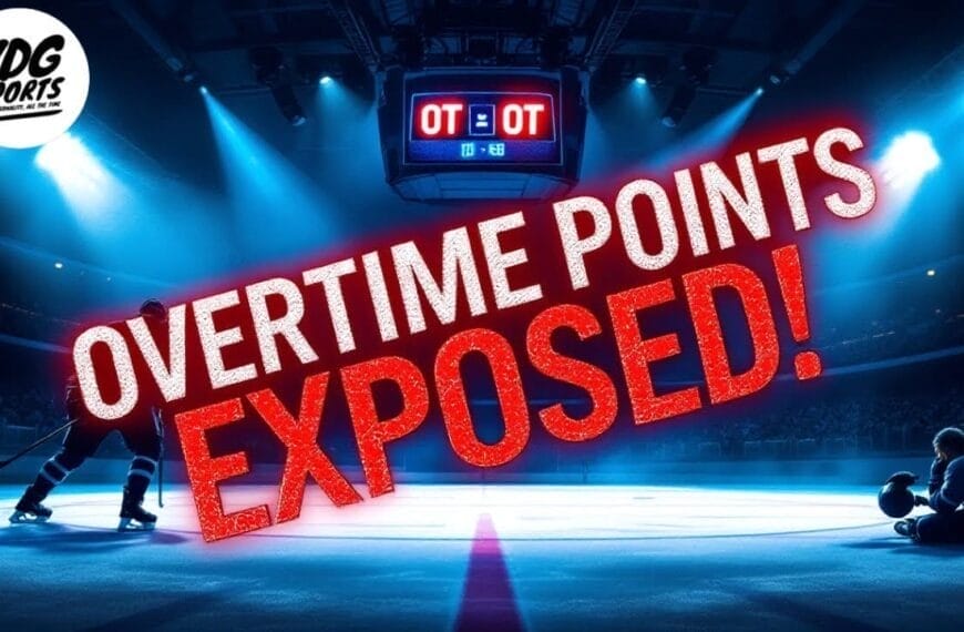 A dramatic NHL ice hockey arena scene with players silhouetted on the rink, a scoreboard showing OT for both teams, and bold red text reading "OVERTIME POINTS EXPOSED!" across the image. The VDG Sports logo appears in the upper left corner.