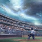 A painting of a baseball player in a stadium, showcasing the smartest sport - MLB.