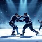 Two NHL ice hockey players in dark blue uniforms fight on the ice rink, grabbing each other's jerseys—a justifiable clash by an unwritten rule. A referee stands in the background as the crowd watches under stadium lights. The VDG Sports logo appears top left.