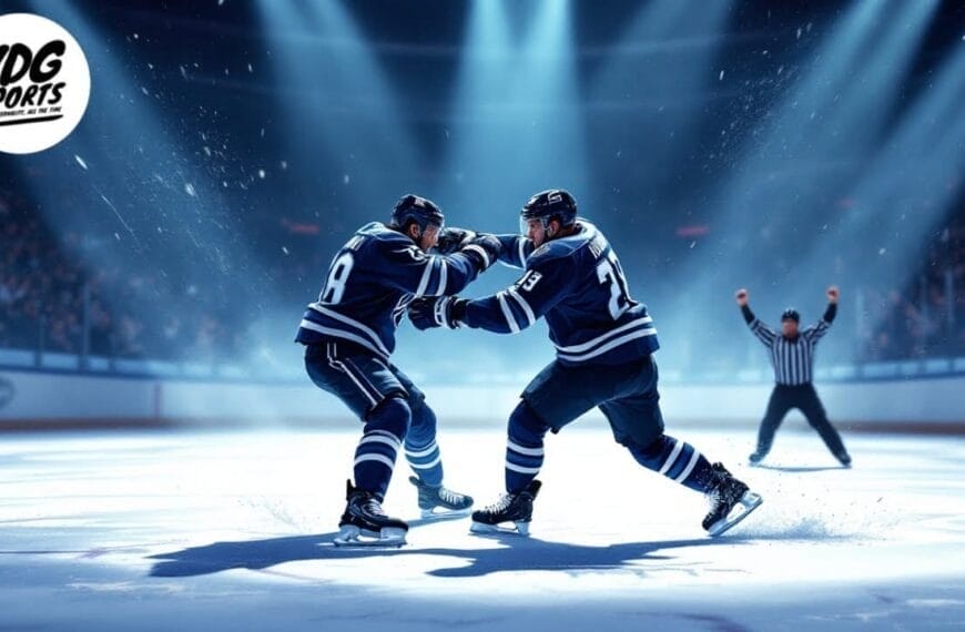Two NHL ice hockey players in dark blue uniforms fight on the ice rink, grabbing each other's jerseys—a justifiable clash by an unwritten rule. A referee stands in the background as the crowd watches under stadium lights. The VDG Sports logo appears top left.