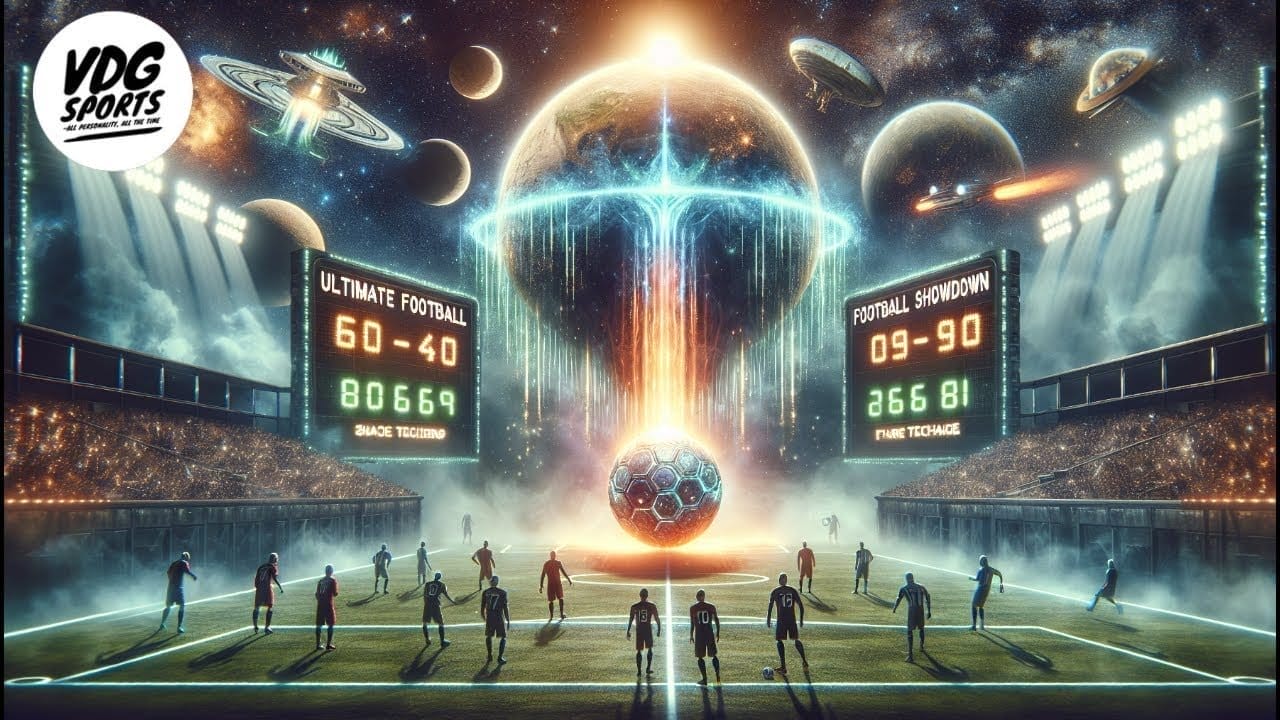 A futuristic soccer scene unfolds on a glowing field, where two large holographic scoreboards showcase "Ultimate Football Club" and "Football Showdown" scores. At the center, a giant illuminated soccer ball hovers mysteriously, beneath the watchful VDG Sports logo.