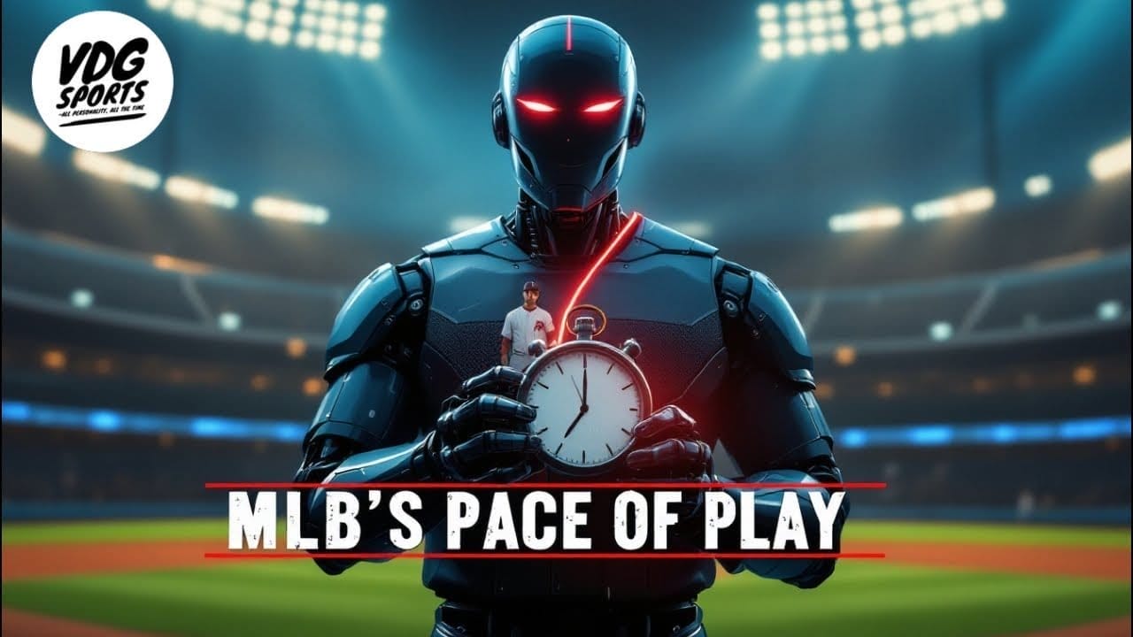 A robotic figure in a baseball stadium holds a stopwatch, with "MLB Pace of Play" inscribed on it. A miniature baseball player stands atop the stopwatch as stadium lights gleam in the background. Text below reads: "MLB's pace of play." The top left corner features the VDG Sports logo.