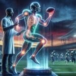 A scientist in a lab coat observes a holographic football player with visible skeleton and muscles, highlighting potential NFL injuries. The scene unfolds in a stadium where a football team is practicing on the field, with the VDG Sports logo displayed in the top left corner.