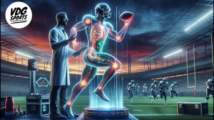 A scientist in a lab coat observes a holographic football player with visible skeleton and muscles, highlighting potential NFL injuries. The scene unfolds in a stadium where a football team is practicing on the field, with the VDG Sports logo displayed in the top left corner.