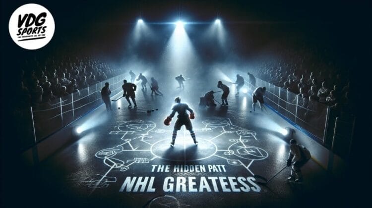 A hockey player stands at center ice under a spotlight, surrounded by teammates and opposing players. The ice displays sketched strategy diagrams, showing the NHL taking advantage of every play. Fans fill the darkened arena. VDG Sports logo appears in the top left corner.