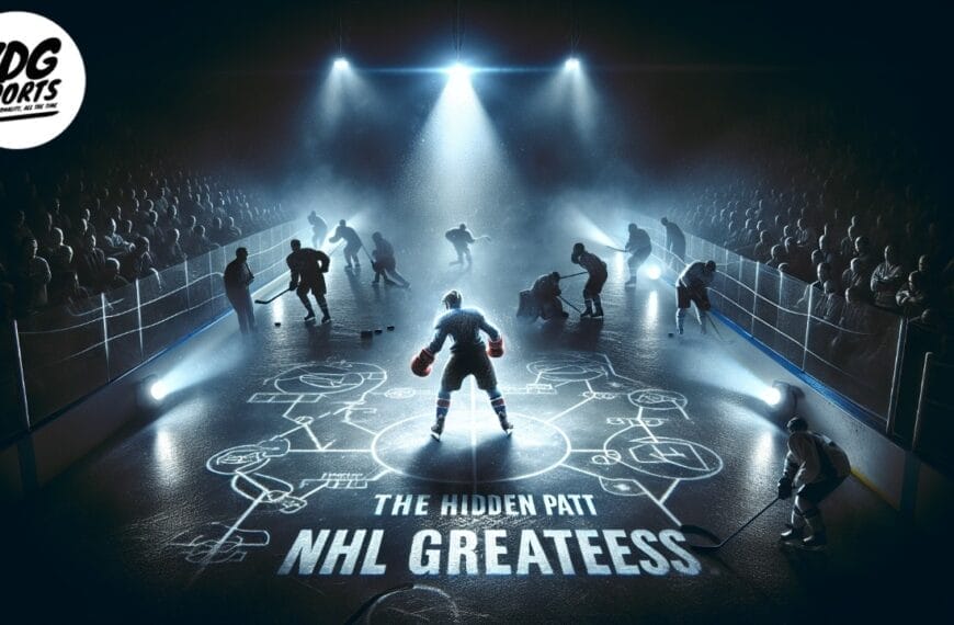 A dramatic hockey scene with a spotlight on a player in the center of the rink, surrounded by other players. Audience watches from the stands. The text reads "The Hidden Patt NHL Greateess" and "VDG Sports.