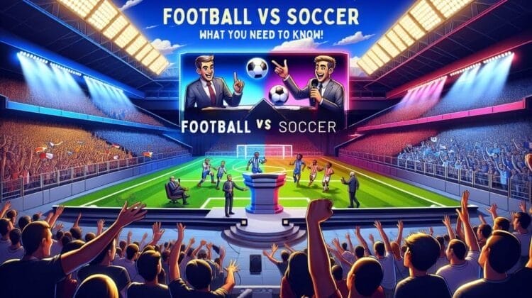 Illustration comparing soccer and American football, featuring two animated presenters, players in action, and a split stadium with enthusiastic fans.