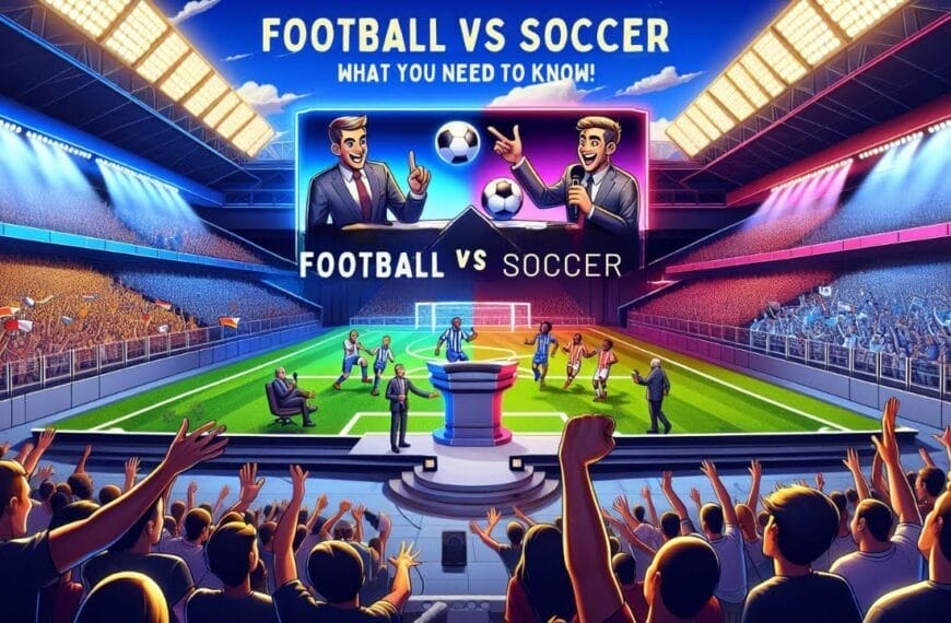 Illustration comparing soccer and American football, featuring two animated presenters, players in action, and a split stadium with enthusiastic fans.