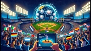An animated image of a baseball stadium with international flags being waved by the audience captures the global potential of this beloved sport. A digital interface displays a baseball player, and globes with various country flags float above the field, enhancing the baseball viewing experience.