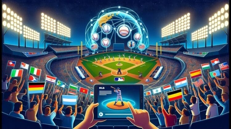 An animated image of a baseball stadium with international flags being waved by the audience captures the global potential of this beloved sport. A digital interface displays a baseball player, and globes with various country flags float above the field, enhancing the baseball viewing experience.