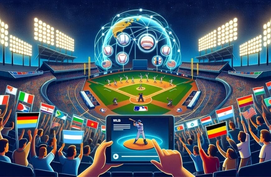 An animated image of a baseball stadium with international flags being waved by the audience captures the global potential of this beloved sport. A digital interface displays a baseball player, and globes with various country flags float above the field, enhancing the baseball viewing experience.