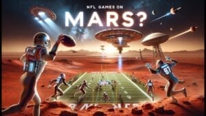 Two astronauts in football gear play a game on a football field on Mars, with spaceships and futuristic cities in the background, under the title "NFL Games on Mars: European Division.