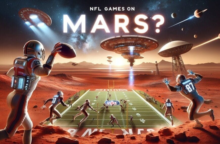 Two astronauts in football gear play a game on a football field on Mars, with spaceships and futuristic cities in the background, under the title "NFL Games on Mars: European Division.