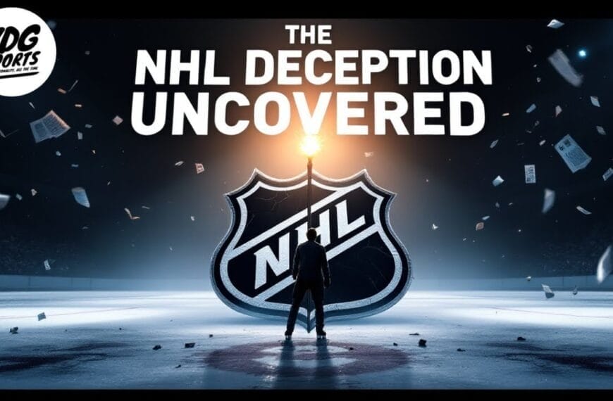 A person stands on an ice rink holding a lit torch, revealing the "Confessions of NHL" as the logo shines in the center, surrounded by swirling papers. Above, it reads, "The NHL Deception Uncovered." The VDG Sports logo sits confidently in the top left corner.