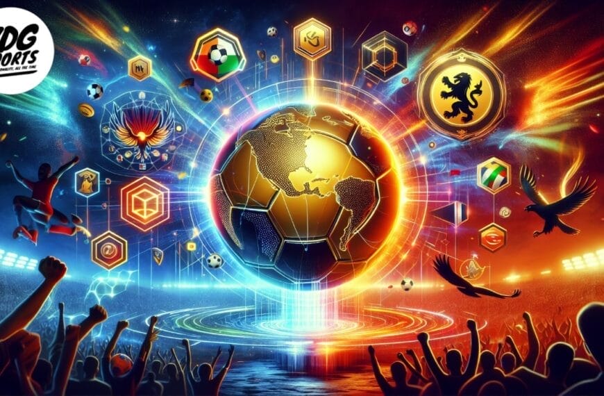 A dynamic sports-themed illustration featuring a central globe with a soccer ball texture, various sports icons and symbols, vibrant colors, cheering crowd, and VDG Sports logo in the top left corner, embodying the spirit of global football.