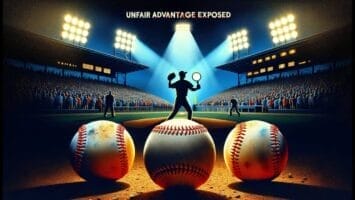 A baseball-themed illustration emphasizing game fairness by highlighting a scandal, with a batter standing on an oversized baseball in the spotlight during a nighttime game -- MLB standardize