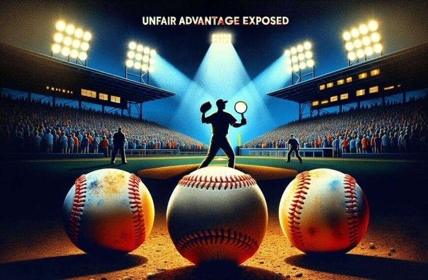 A baseball-themed illustration emphasizing game fairness by highlighting a scandal, with a batter standing on an oversized baseball in the spotlight during a nighttime game -- MLB standardize