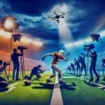 A football player poses on an American football field with stadium lights under a stormy sky, surrounded by photographers and a drone overhead, showcasing the determination to deter fake injuries in the sport.