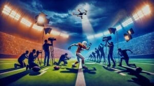 A football player poses on an American football field with stadium lights under a stormy sky, surrounded by photographers and a drone overhead, showcasing the determination to deter fake injuries in the sport.