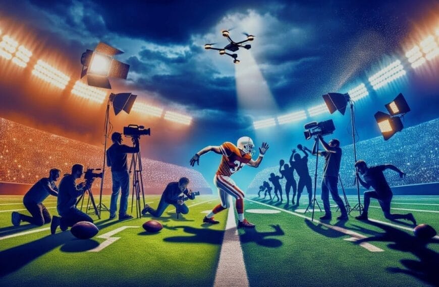 A football player poses on an American football field with stadium lights under a stormy sky, surrounded by photographers and a drone overhead, showcasing the determination to deter fake injuries in the sport.