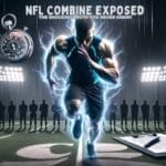 Athlete running with intensity during an NFL combine test under dramatic lighting, with silhouetted figures and sports equipment on the sidelines.