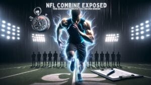 Athlete running with intensity during an NFL combine test under dramatic lighting, with silhouetted figures and sports equipment on the sidelines.