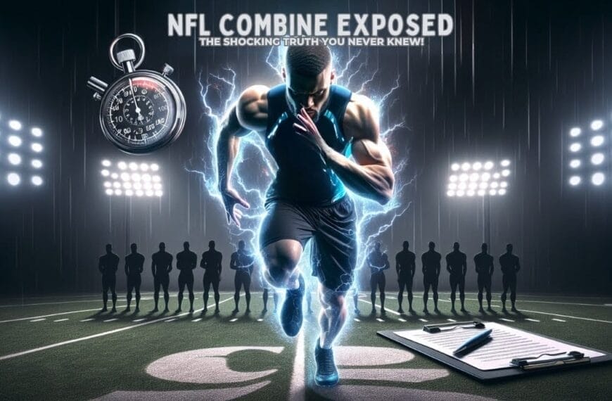 Athlete running with intensity during an NFL combine test under dramatic lighting, with silhouetted figures and sports equipment on the sidelines.