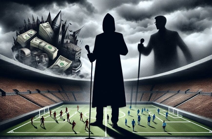 A Football Evolution Illustration of a soccer field where shadowy figures loom overhead, one holding a staff with imagery of money and buildings, and another in a suit with hands on a cane, overlooking red and blue teams.