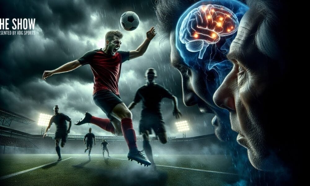 A soccer player in a red and black uniform leaps to kick a ball beneath a stormy sky in the stadium. To the right, a transparent profile of a head with a glowing brain reveals the dark side. "The Show" is emblazoned in the top left corner.