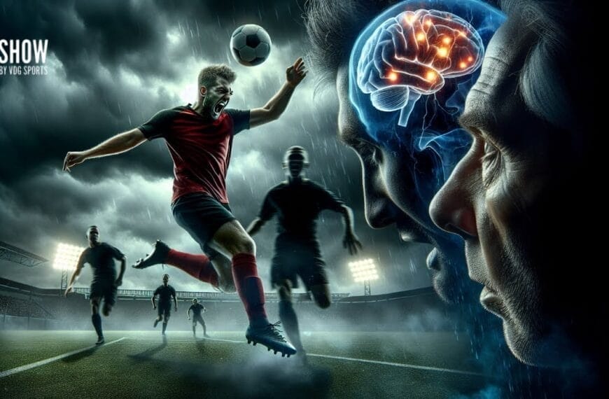 A soccer player in a red and black uniform leaps to kick a ball beneath a stormy sky in the stadium. To the right, a transparent profile of a head with a glowing brain reveals the dark side. "The Show" is emblazoned in the top left corner.