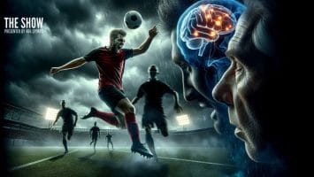A soccer player in a red and black uniform leaps to kick a ball beneath a stormy sky in the stadium. To the right, a transparent profile of a head with a glowing brain reveals the dark side. "The Show" is emblazoned in the top left corner.
