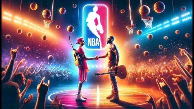 Two basketball players with guitars face each other on a basketball court under colorful lights, with the NBA logo in the background and an audience of NBA lovers cheering. Basketballs and musical elements surround them, creating a unique blend of sports and music passion.