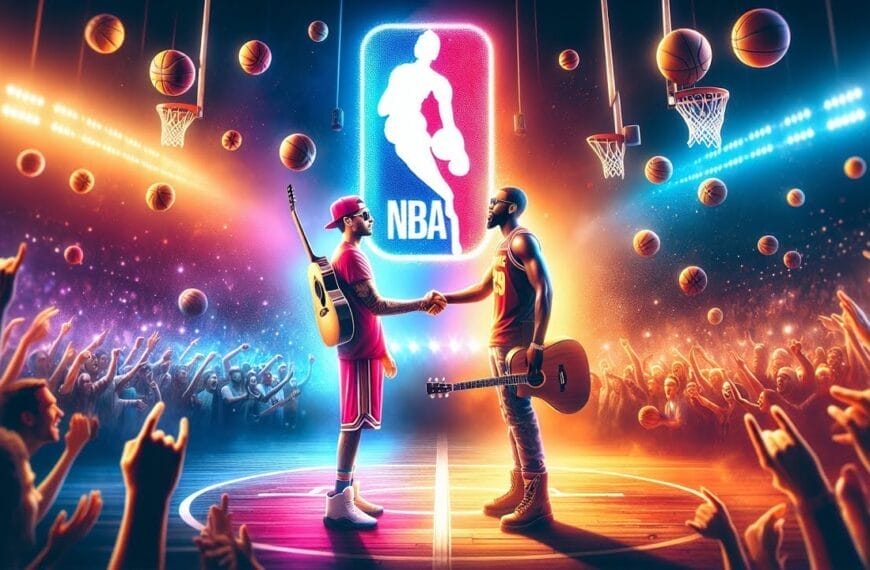 Two basketball players with guitars face each other on a basketball court under colorful lights, with the NBA logo in the background and an audience of NBA lovers cheering. Basketballs and musical elements surround them, creating a unique blend of sports and music passion.