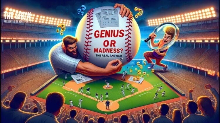 In a brightly lit MLB stadium, two cartoonish figures battle over an oversized baseball with "GENIUS OR MADNESS? THE REAL ANSWER" written on it. Spectators watch as symbols like question marks and dollar signs float—proof that MLB is the smartest sport.