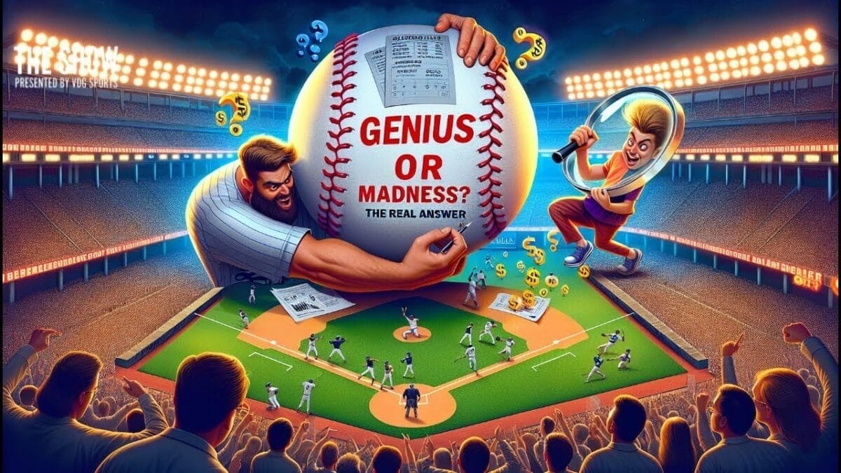 In a brightly lit MLB stadium, two cartoonish figures battle over an oversized baseball with "GENIUS OR MADNESS? THE REAL ANSWER" written on it. Spectators watch as symbols like question marks and dollar signs float—proof that MLB is the smartest sport.