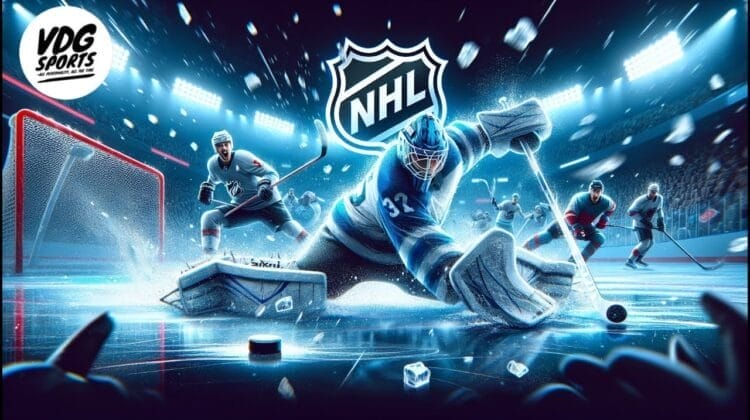 A dynamic ice hockey scene shows a goalie in blue gear making a save as players skate around. The large NHL logo is in the center, symbolizing how these intense moments help carry the NHL, with bright arena lights and flying ice shards.