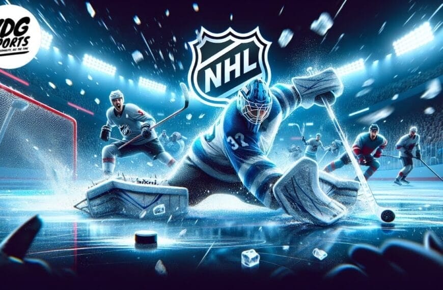 A dynamic ice hockey scene shows a goalie in blue gear making a save as players skate around. The large NHL logo is in the center, symbolizing how these intense moments help carry the NHL, with bright arena lights and flying ice shards.