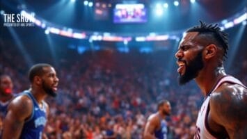 A basketball player in a white jersey yells passionately on a brightly lit arena court, capturing the energy of the most entertaining sport. Other players and a large audience are visible, with “The Show” logo in the top left corner.