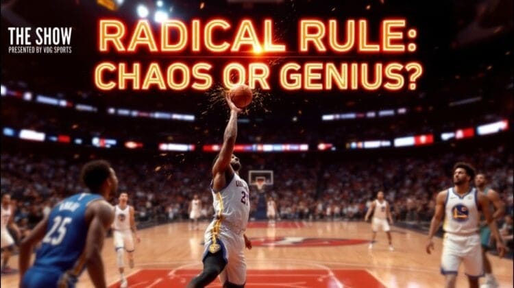A basketball player in a white jersey jumps to shoot the ball while surrounded by defenders in a crowded, brightly lit arena. Bold, glowing text above reads: "Provoking NBA Thoughts: CHAOS OR GENIUS?" with "THE SHOW" logo in the corner.