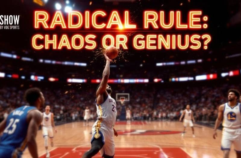 A basketball player in a white jersey jumps to shoot the ball while surrounded by defenders in a crowded, brightly lit arena. Bold, glowing text above reads: "Provoking NBA Thoughts: CHAOS OR GENIUS?" with "THE SHOW" logo in the corner.