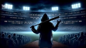 A person in a hooded jacket stands with their back to the camera, holding a baseball bat over one shoulder in a brightly lit, classy MLB stadium at night, packed with spectators as stadium lights shine on the field.