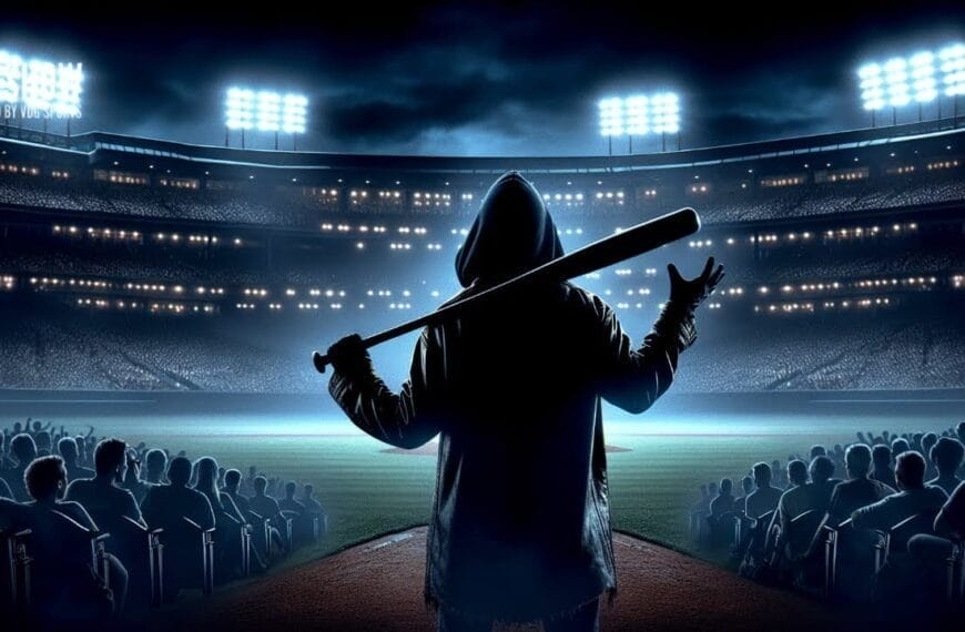 A person in a hooded jacket stands with their back to the camera, holding a baseball bat over one shoulder in a brightly lit, classy MLB stadium at night, packed with spectators as stadium lights shine on the field.