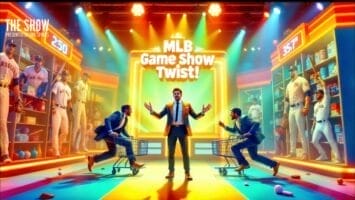 A lively game show set features a host in a suit standing center stage with arms outstretched. Two contestants with shopping carts face off, surrounded by bright lights and MLB memorabilia, including team jerseys and equipment. The scoreboard shows competing point totals.