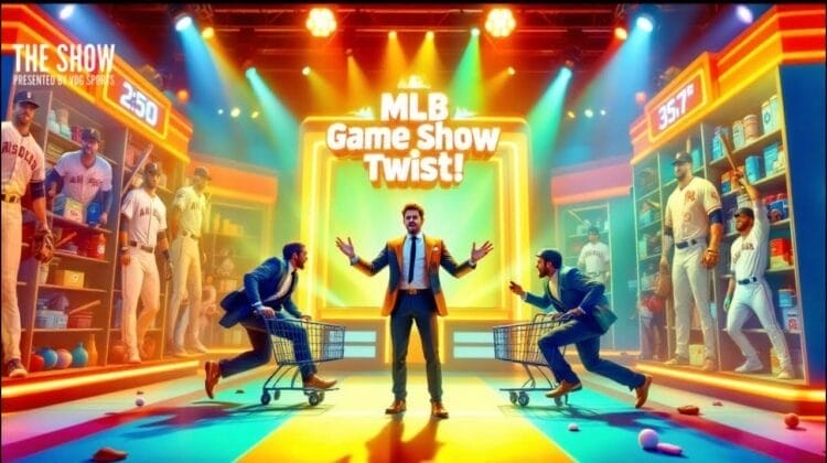 A lively game show set features a host in a suit standing center stage with arms outstretched. Two contestants with shopping carts face off, surrounded by bright lights and MLB memorabilia, including team jerseys and equipment. The scoreboard shows competing point totals.