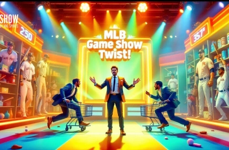 A lively game show set features a host in a suit standing center stage with arms outstretched. Two contestants with shopping carts face off, surrounded by bright lights and MLB memorabilia, including team jerseys and equipment. The scoreboard shows competing point totals.