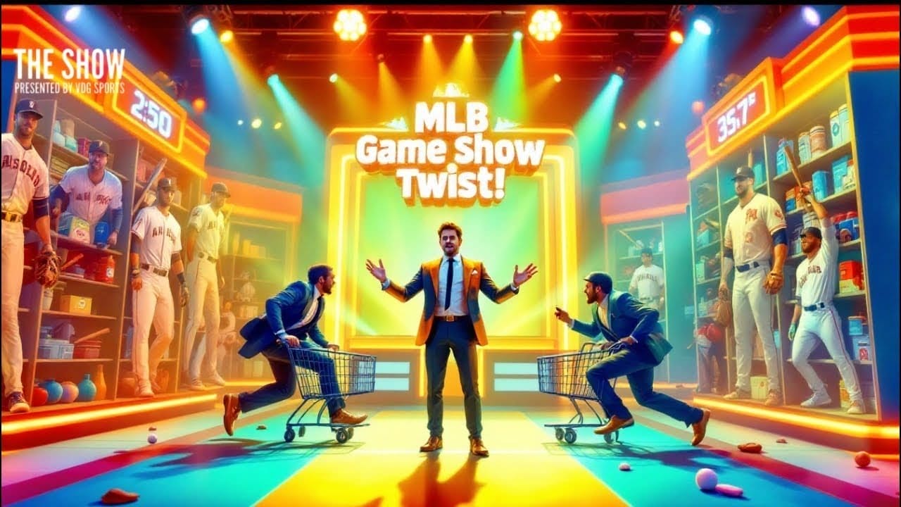 A lively game show set features a host in a suit standing center stage with arms outstretched. Two contestants with shopping carts face off, surrounded by bright lights and MLB memorabilia, including team jerseys and equipment. The scoreboard shows competing point totals.